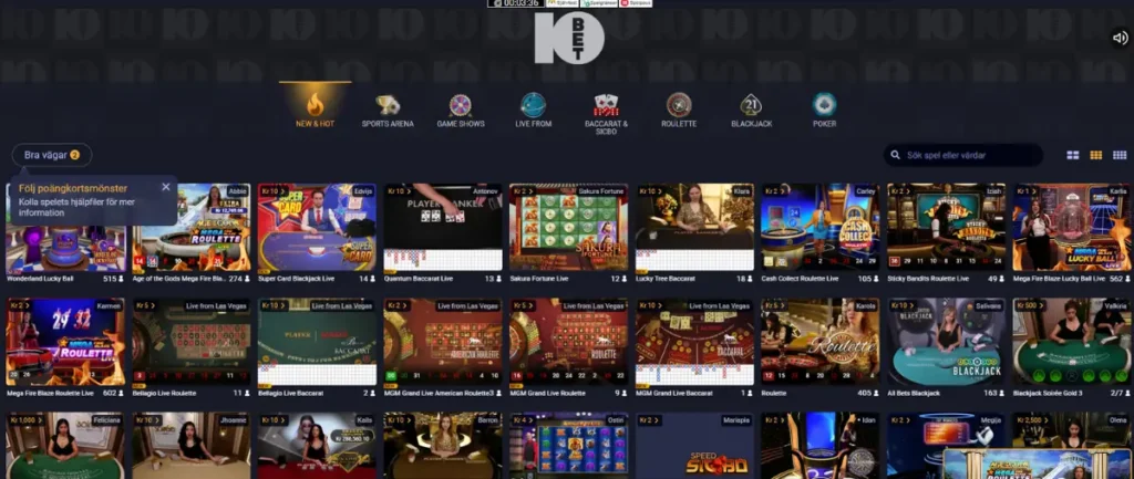 Playtechs live lobby hos 10bet.