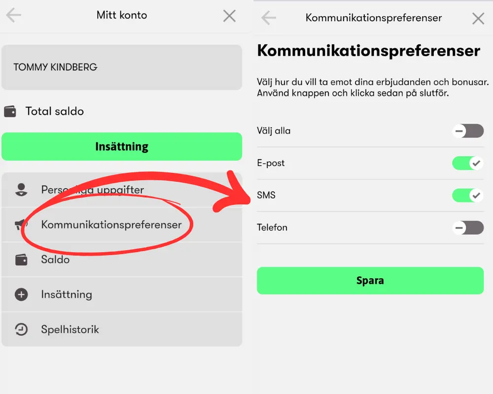 Inställningar för kommunikation och reklam från 10bet.