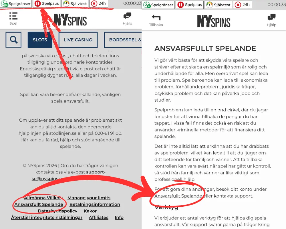 Inställningar för ansvarsfullt spelande via länkarna högst upp och längst ner hos NYSpins.