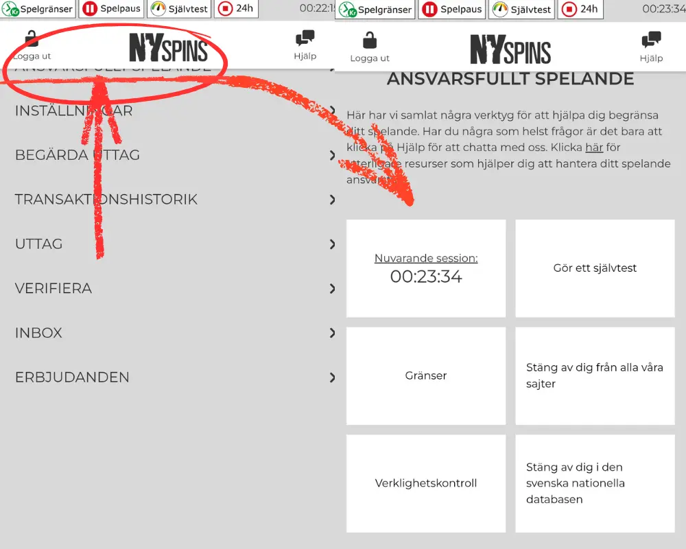 Inställningar för ansvarsfullt spelande hos NYSpins.
