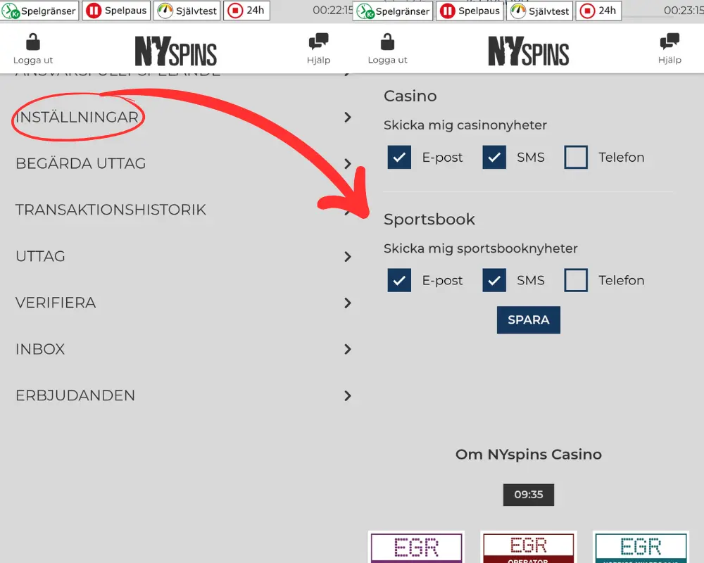 Inställningar för reklam och meddelanden från NYSpins.