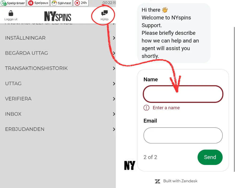 Högst upp till höger hittar du livechatten, via knappen "Hjälp".