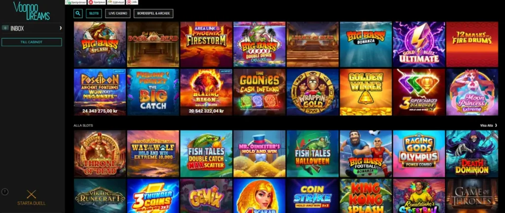 Förstasidan och Voodoo Dreams casinosida.