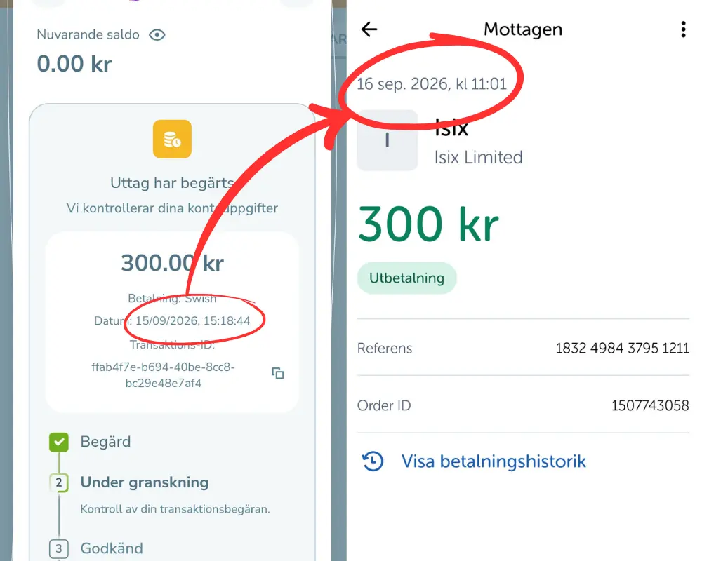 Ett av våra uttagstest via Swish från YoYo Casino (2026).