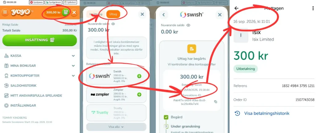 Hur du gör ett uttag via Swish från YoYo Casino (uttagstest från 2026).