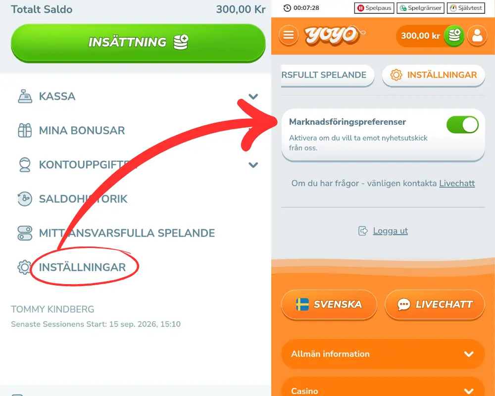 Inställningar för reklam via SMS, e-post och telefon hos YoYo Casino.