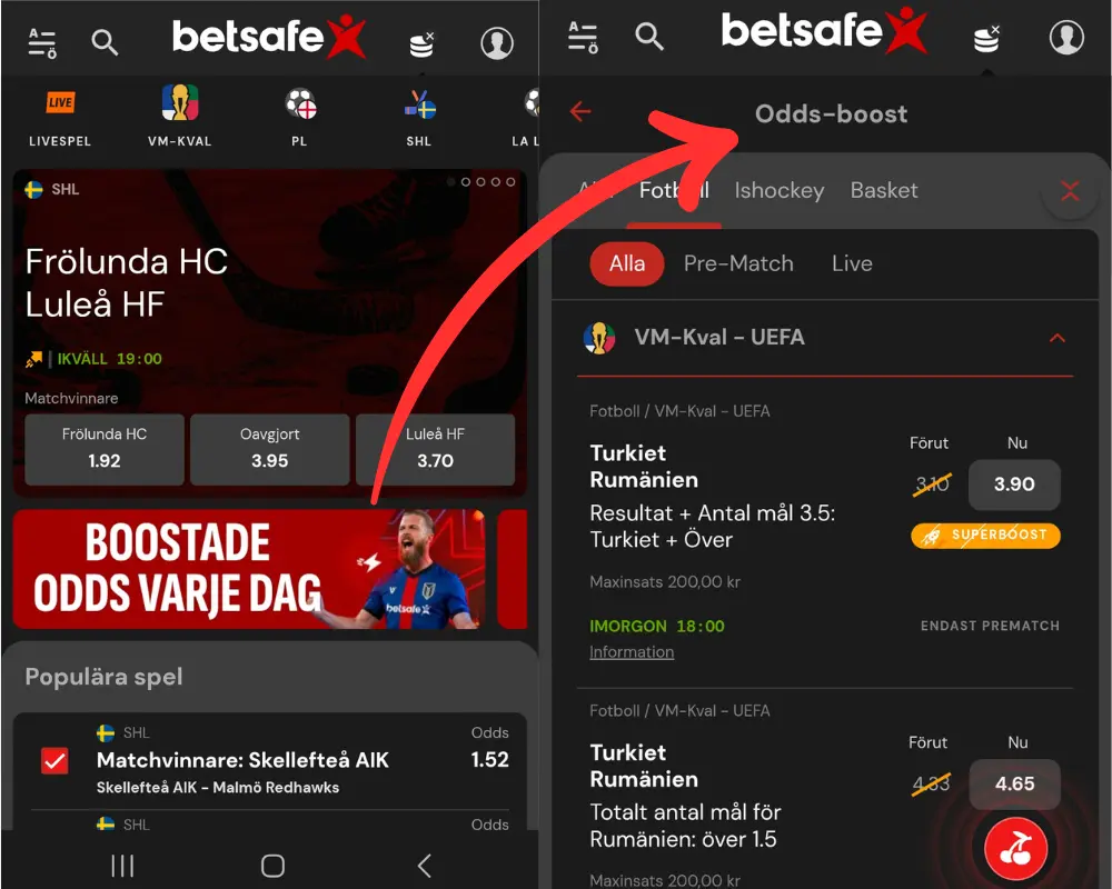 Boostade odds hos Betsafe varje dag.