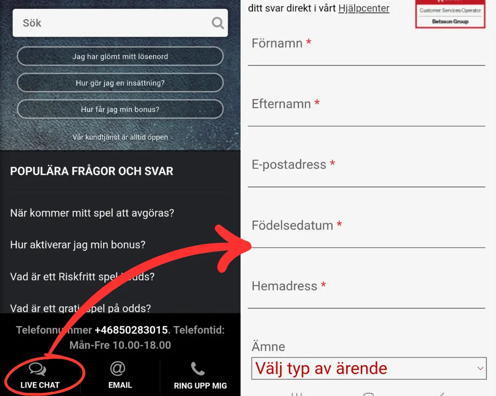 Betsafes FAQ och formulär för att nå livechatten.