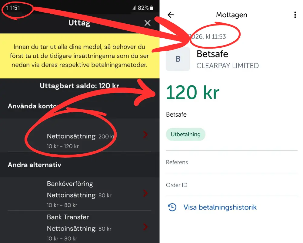 Ett uttagstest via Swish (2026) som betalades ut efter 2 minuter.