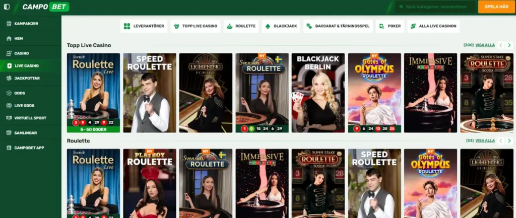 Live casinot hos Campobet