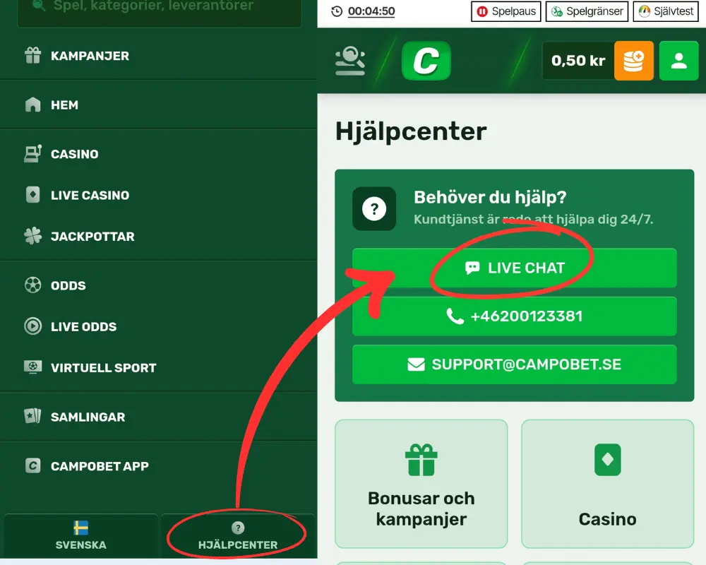 Campobets hjälpcenter med FAQ och kontaktuppgifter