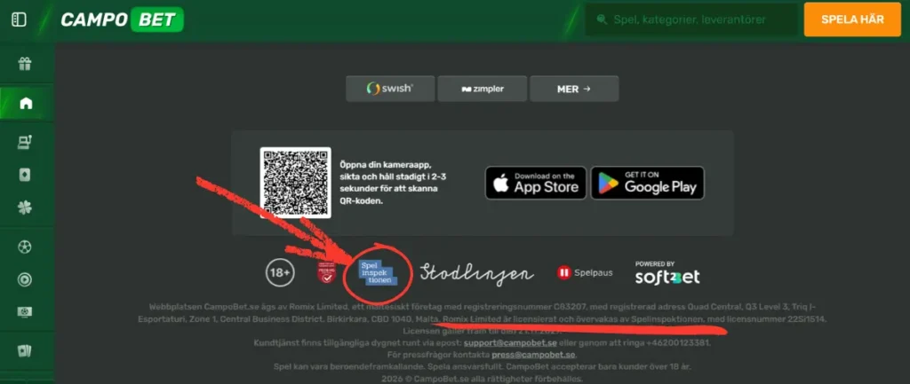 Vart du hittar Spelinspektionens logotyp hos Campobet