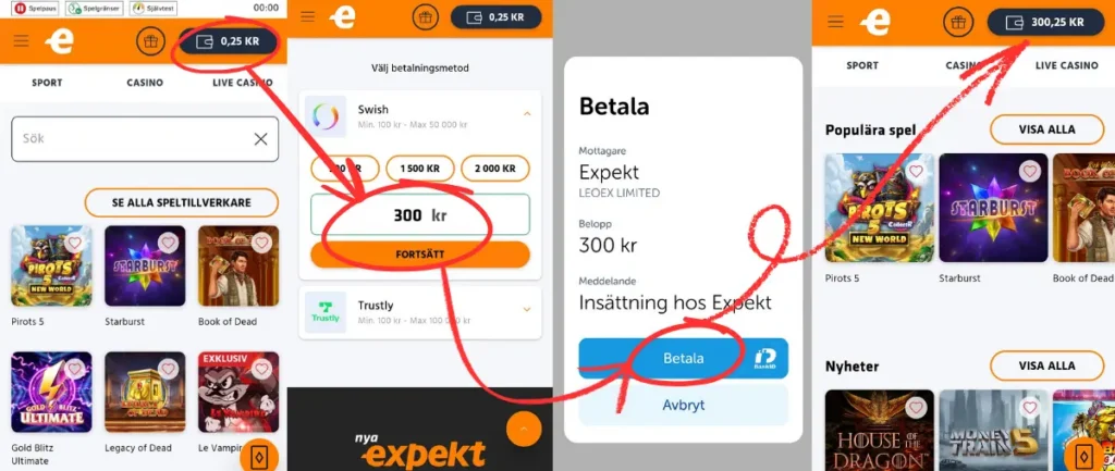 Här gör vi en insättning till Expekt via Swish (2026).