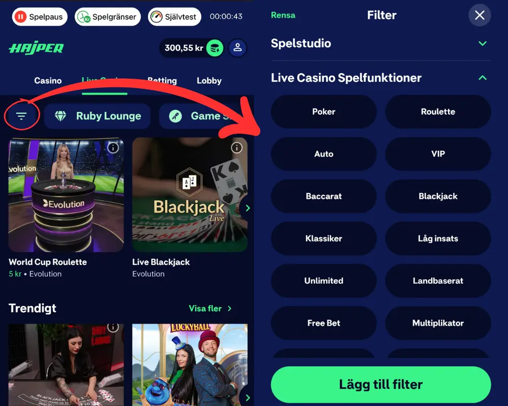 Hajpers live casino och sökfilter