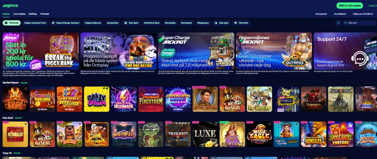 Hajpers casinosida och spelutbud