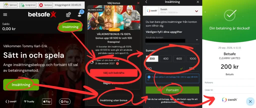En insättning via Swish till Betsafe (2026).