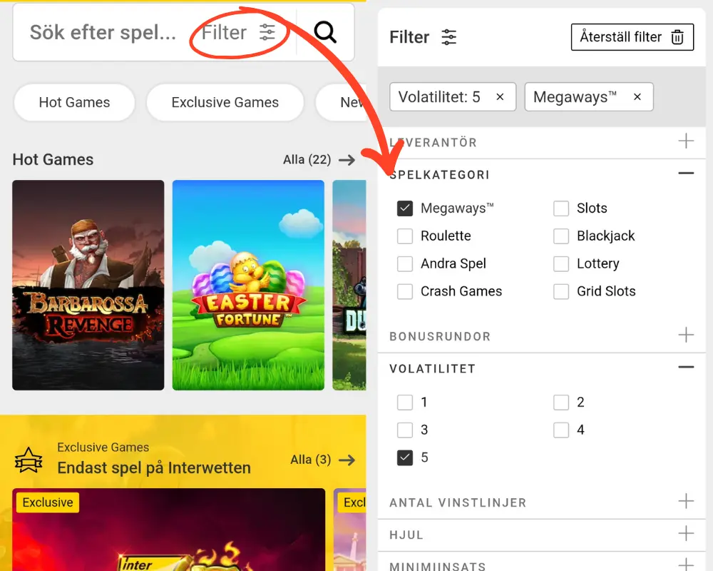 Interwettens sökfilter i casinot