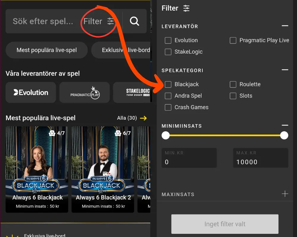 Sökfiltret i Interwettens live casino
