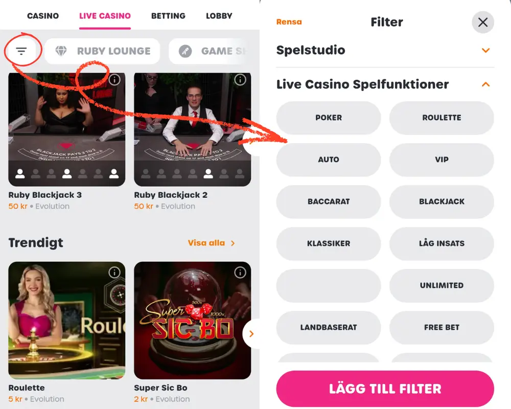 Lyllo Casinos live casino och sökfilter