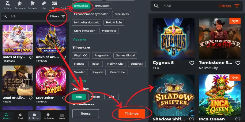 Ninja Casinons sökfilter