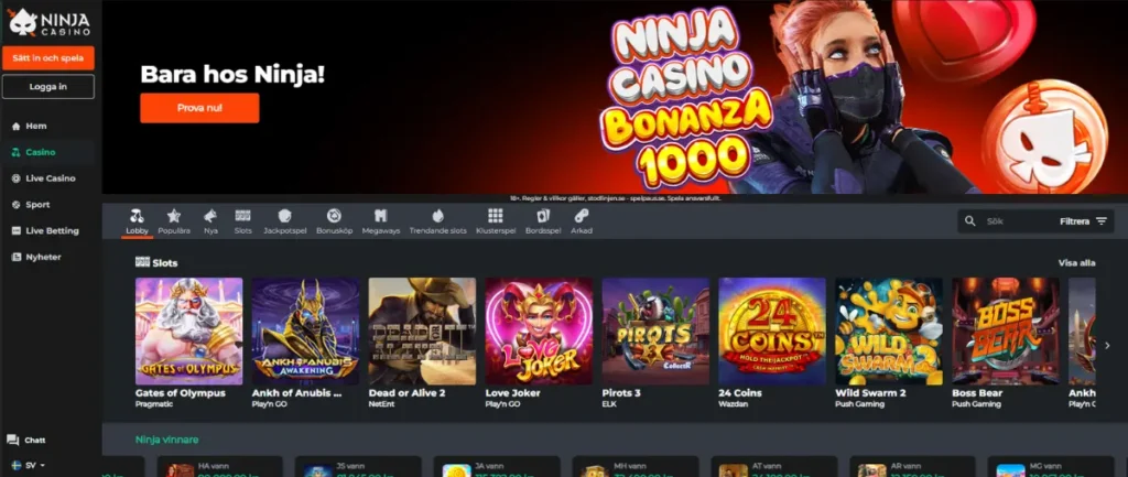 Ninja casinons spelutbud och casinolobby.