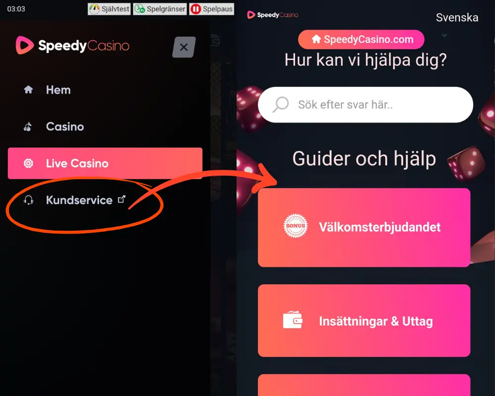 Vart du hittar Speedy Casinos kundtjänst och FAQ.