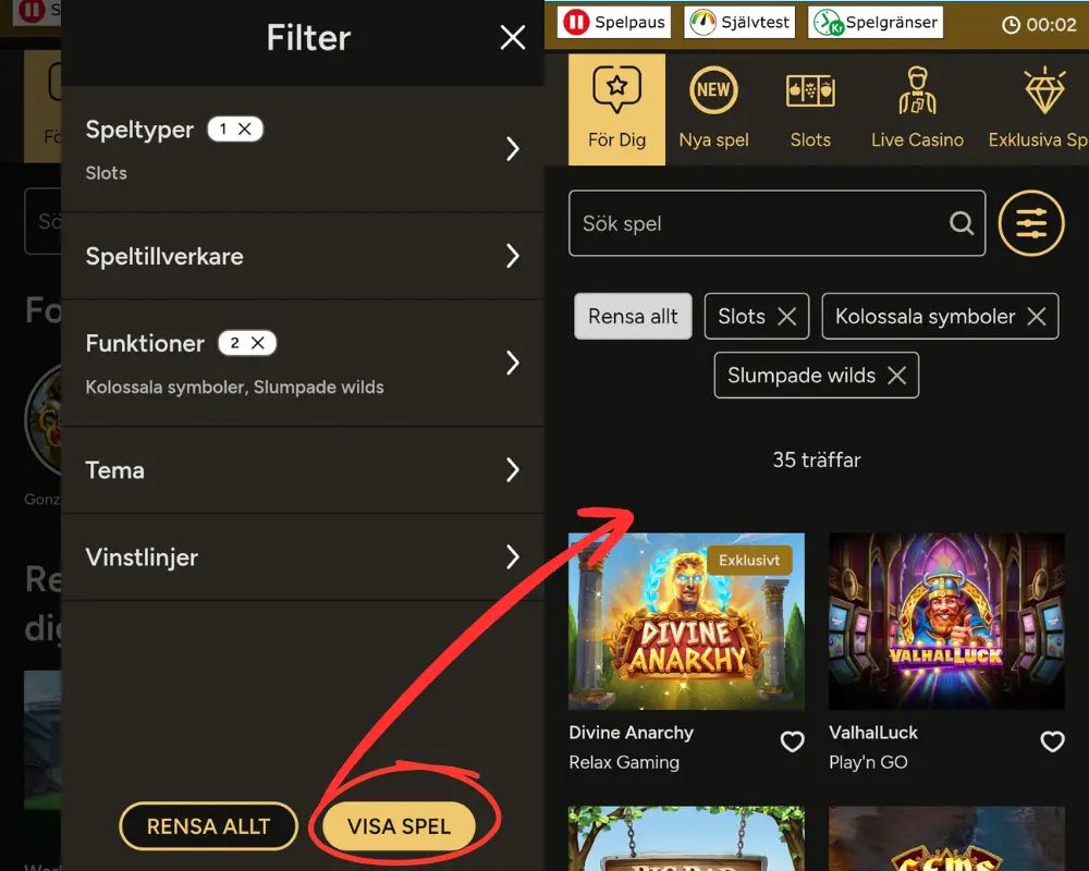 Så ser det ut när du filtrerat spel hos Storspelare
