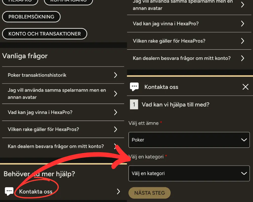 Formuläret för att nå Storspelares livechatt: steg 1