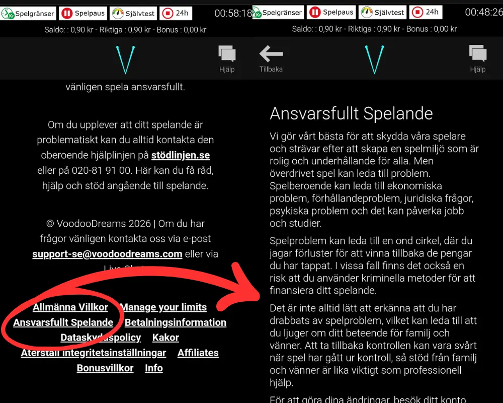 Information om ansvarsfullt spelande hos Voodoo Dreams.