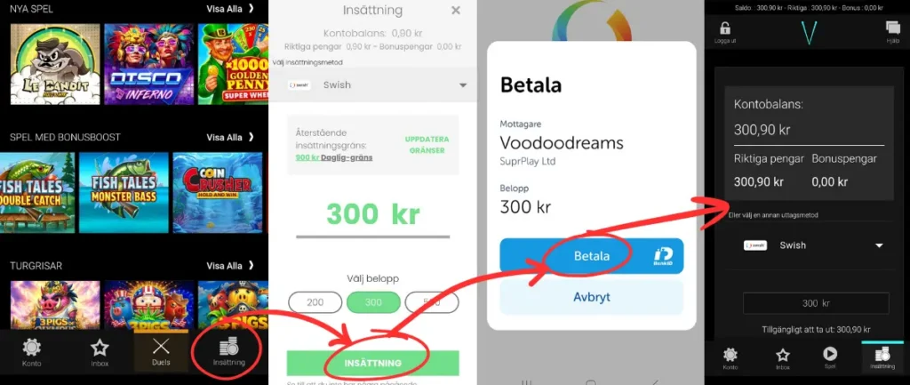 Här gör vi en insättning till Voodoo Dreams via Swish (2026).