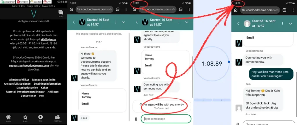 Här är ett av våra tester av livechatten hos Voodoo Dreams (2026).
