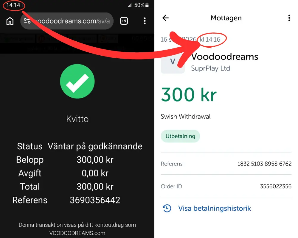 Ett av våra uttagstester via Swish från Voodoo Dreams (2026).