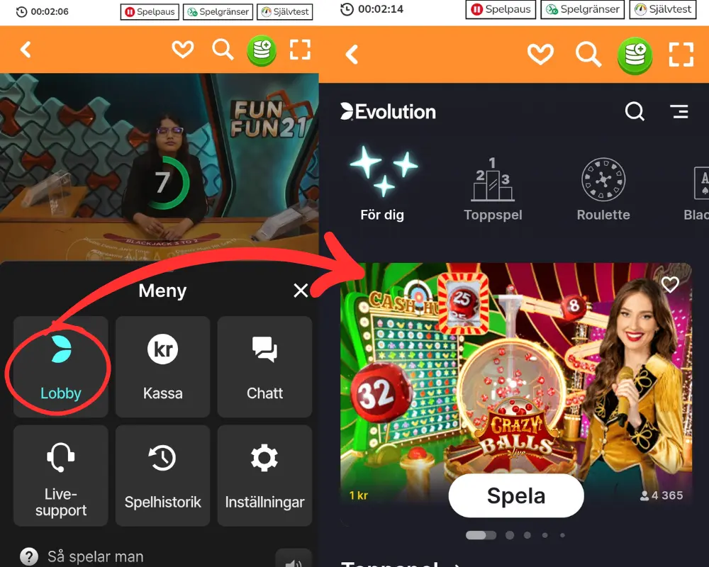 Här går vi från Evolutions FunFun 21 till Evolutions live lobby.