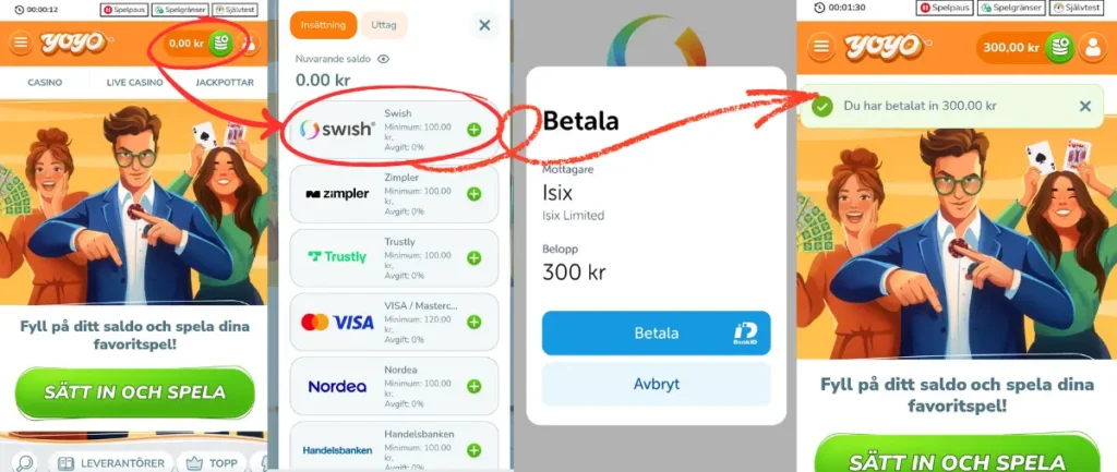 Här gör vi en insättning via Swish hos YoYo Casino (2026).
