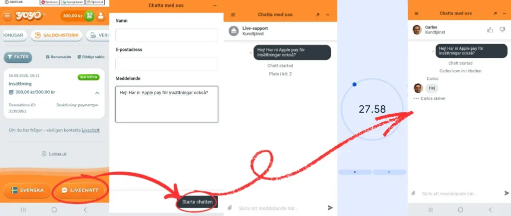 Här är ett av våra tester av livechatten hos YoYo Casino (2026)