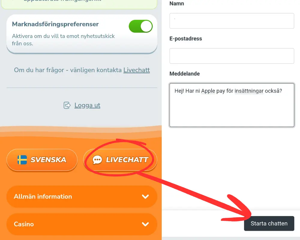 Du hittar livechatten hos YoYo Casino via länken "Livechatt" längst ner på sidan eller via menyn.