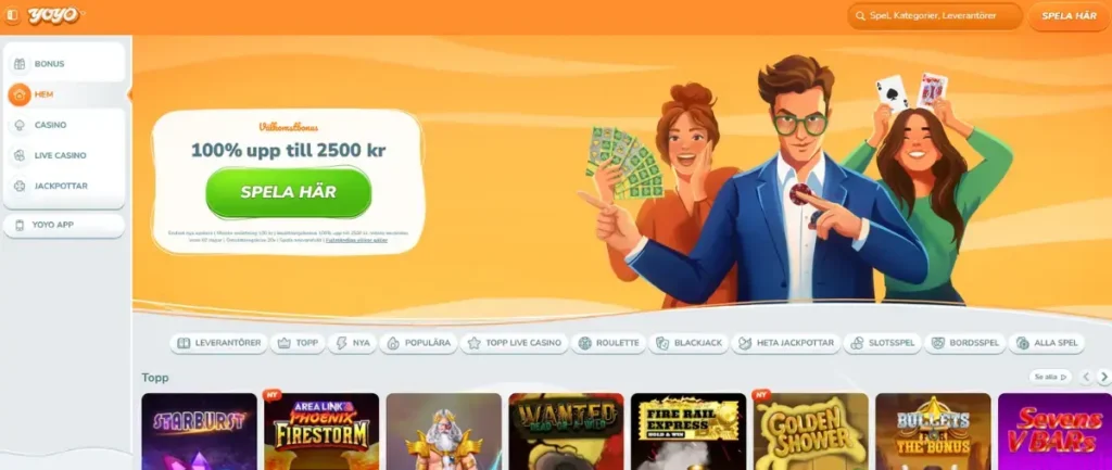 Förstasidan hos YoYo Casino.