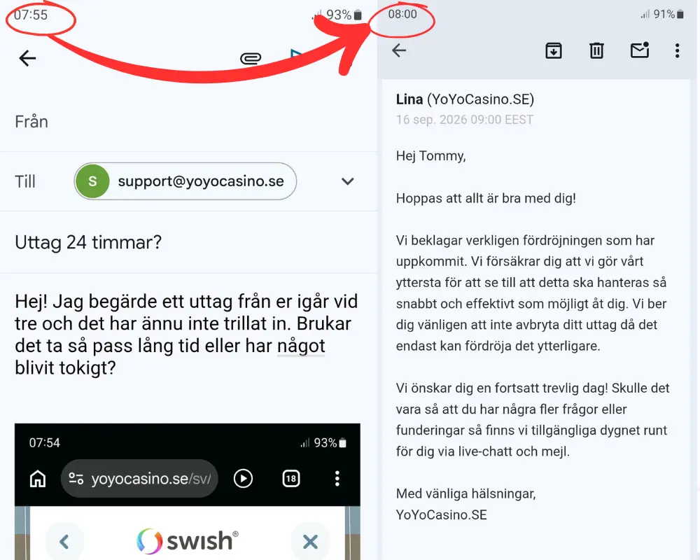 Ett test av YoYo Casinos kundtjänst via e-post (2026). Här fick vi svar efter 5 minuter när vi frågade om ett begärt uttag.