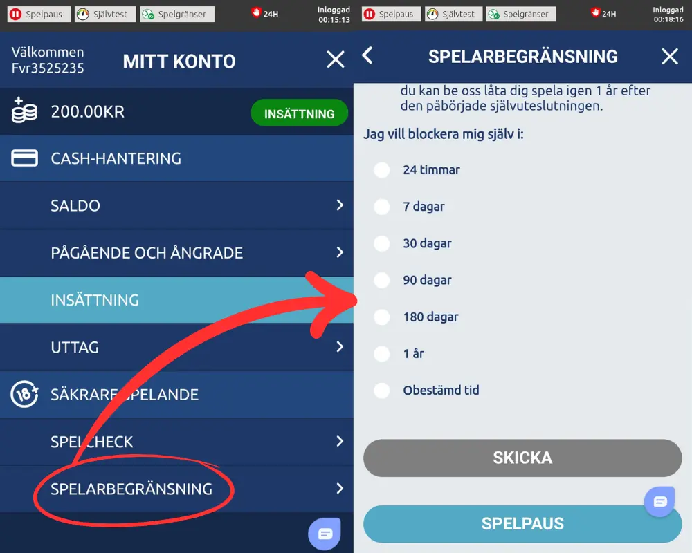 Spelarbegränsningar: pausa dina konton hos SkillOnNet.
