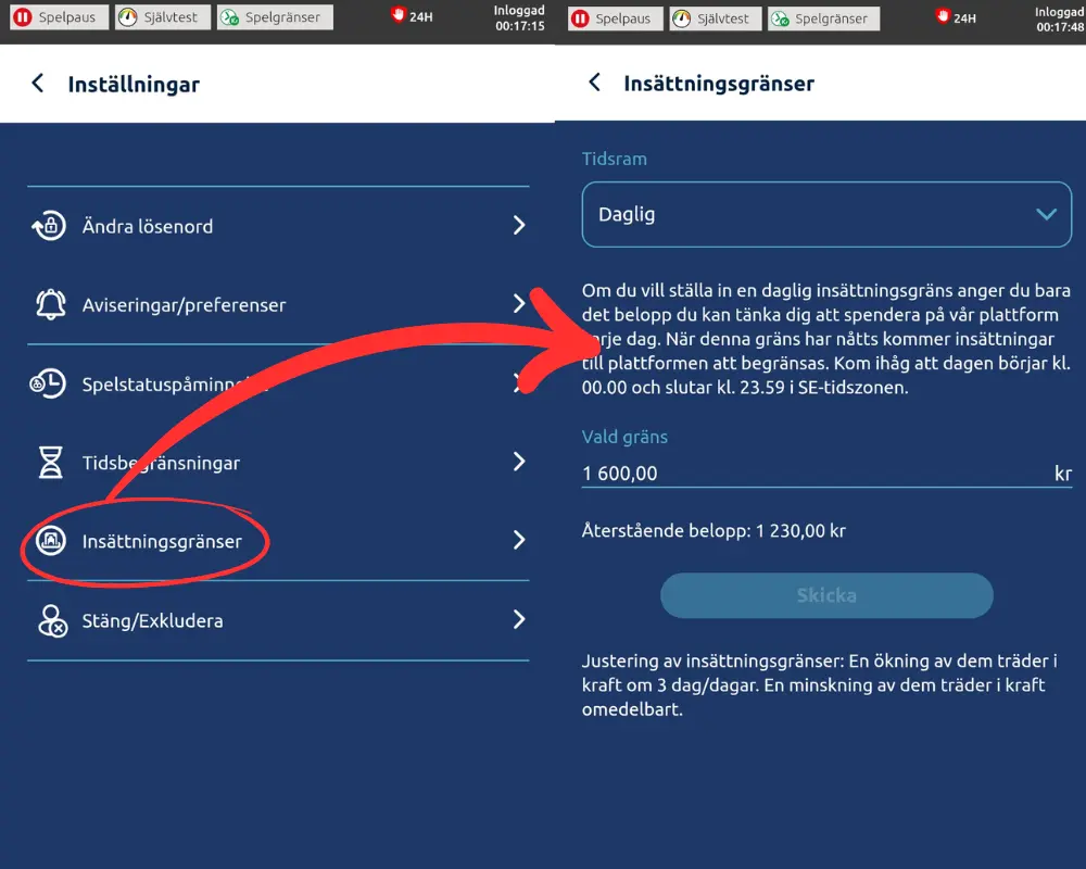 Insättnings- och tidsgränser hos Winlandia