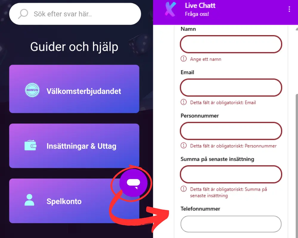 Kontaktformuläret för att nå X3000:s livechatt.