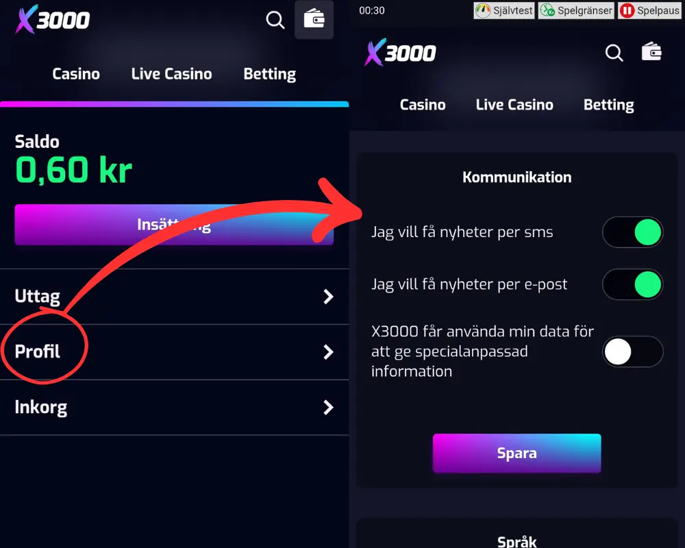 Inställningar för reklam och meddelanden från X3000.