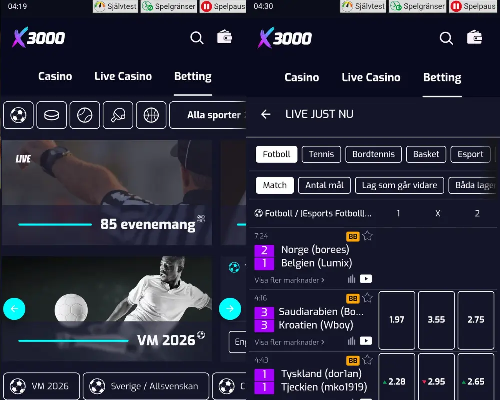 Odds och betting hos X3000.