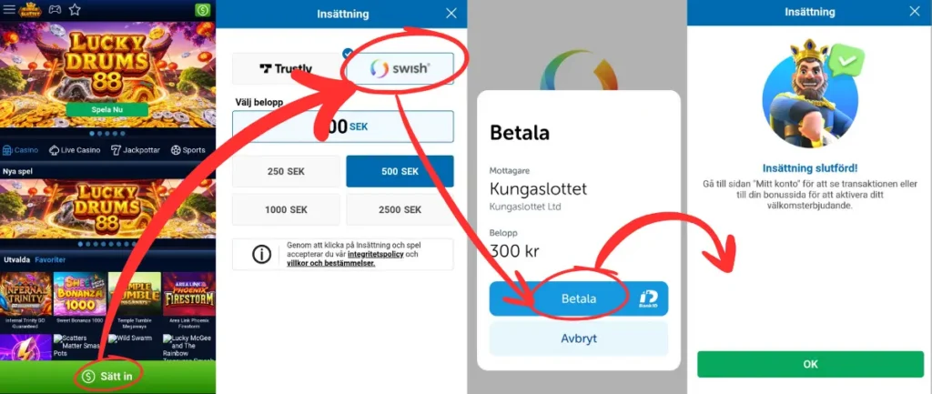 Ett insättningstest via Swish (2026) hos Kungaslottet.