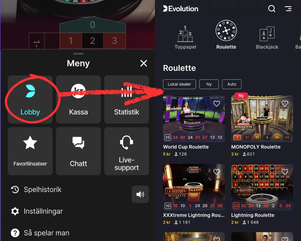Hur du hittar Evolutions lobby hos Quick Casino