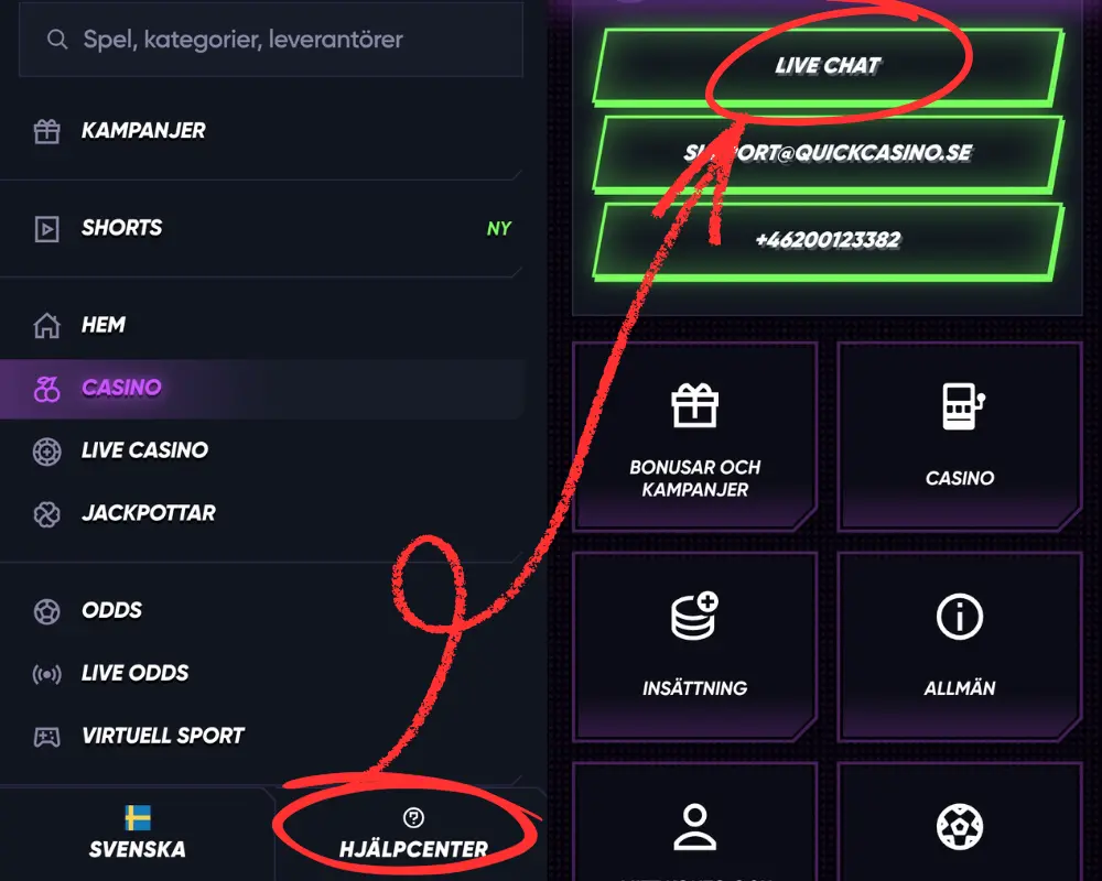 Quick Casinos hjälpcenter: e-post, telefonnummer, FAQ och livechatt.