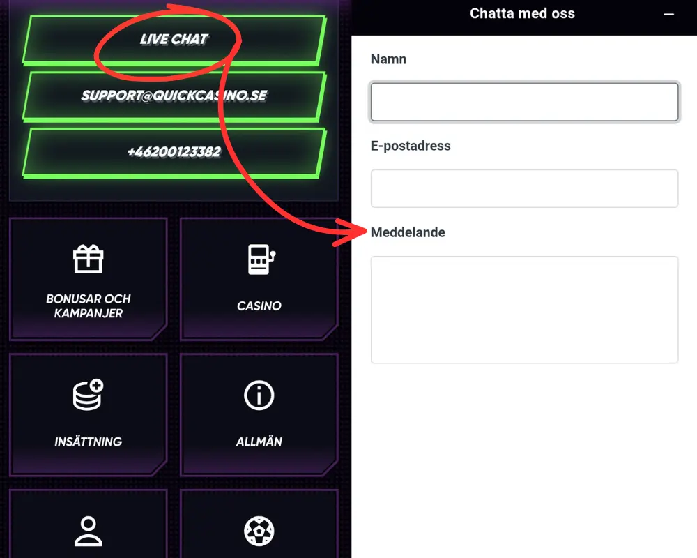 För att chatta med Quick Casino behöver du lämna namn, e-postadress och ditt meddelande.
