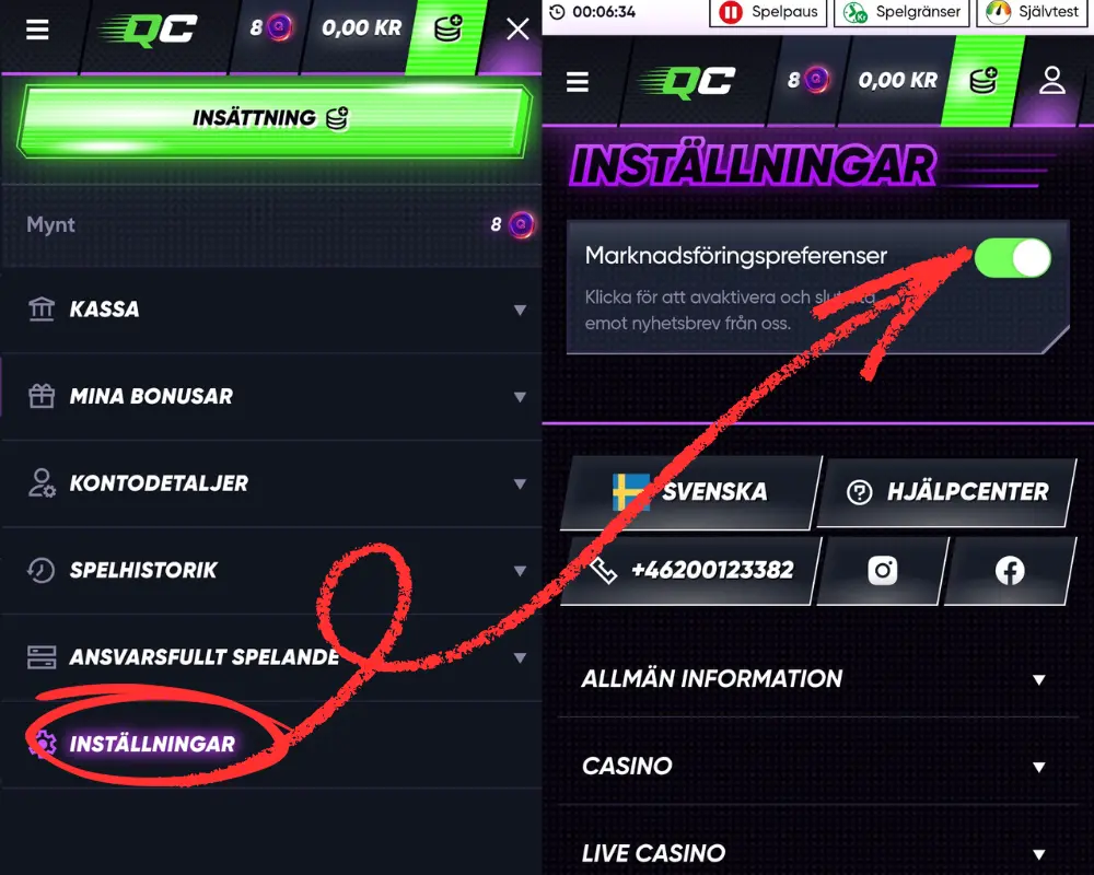 Inställningar för Quick Casinos reklamutskick.