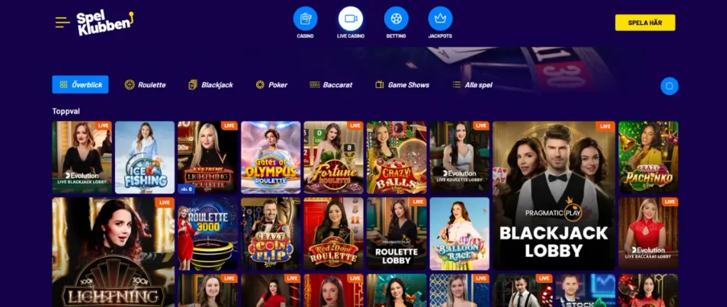 Spelklubbens live casino.