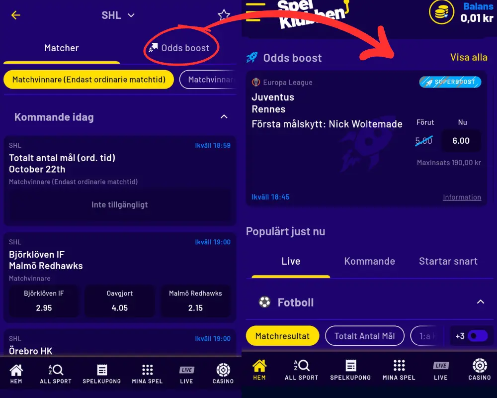 Boostade odds hos Spelklubben.
